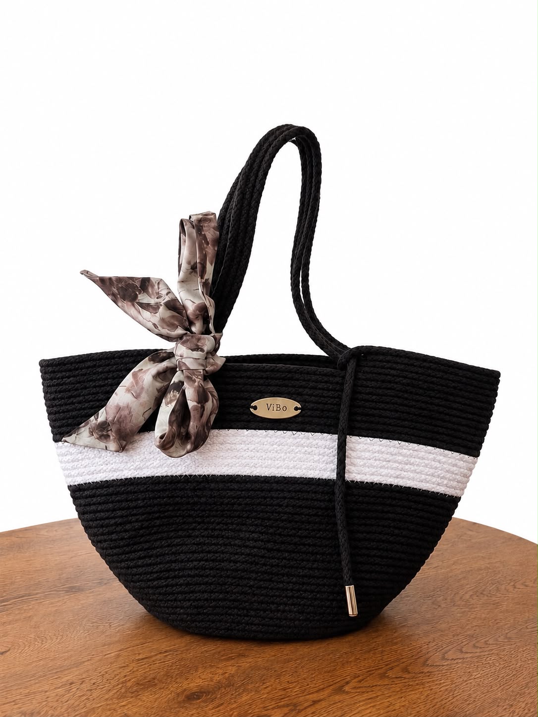 ViBo tote in Dark Chocolate & White, deep chocolate brown rope with a white stripe, styled with a floral scarf